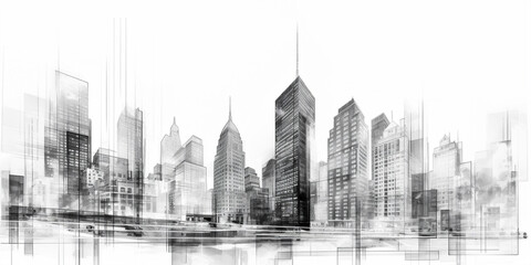 sketch drawing of live wire frame abstract exterior high skyscrapers. Generative AI