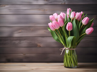 Delicate Pink Tulips Meet Time-Worn Wooden Backdrop in a Dance of Spring Renewal.