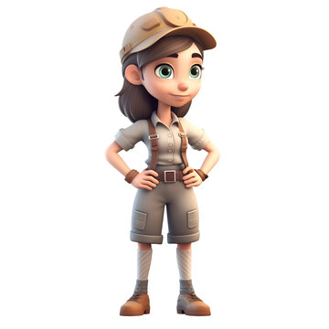3D rendering of a cute cartoon girl with safari outfit.
