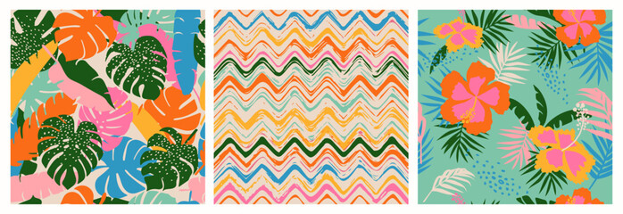 Set of hand drawn tropical flowers, seamless patterns with floral for fabric, textiles, clothing, wrapping paper, cover, banner, interior decor, abstract backgrounds.