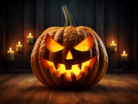 Glowing Halloween pumpkin isolated on white background, AI generator