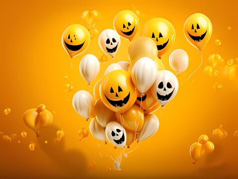 Background for Halloween with Halloween Ghost Balloons and Pumpkin.Scary air balloons,bat,candy and Hallowemen Elements on yellow background.Website spooky,Background or banner, AI generator