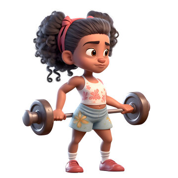3D Render of Little African American Girl doing fitness with barbell