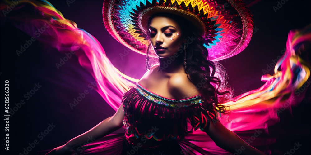 Wall mural Fabulous Cinco de Mayo female dancer in vibrant neon dress.  