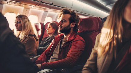 Passengers on the plane sit in their seat - obrazy, fototapety, plakaty