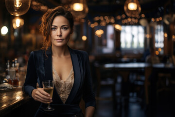 Femme de 40-50 ans en tenue de soir&eacute;e debout dans un bar brasserie lors d'un cocktail, tenant dans la main une coupe de champagne, arri&egrave;re plan flou de l'int&eacute;rieur du bar