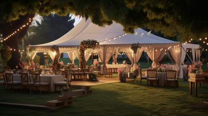 Namiot weselny w ogrodzie nocą - ślub w plenerze pod namiotami. Stoliki nakryte i udekorowane kwiatami czekają na gości - obrazy, fototapety, plakaty