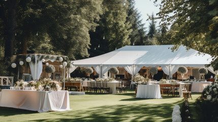 Fototapeta Stoły weselne pod namiotami w ogrodzie - ślub przygotowany w plenerze. Dekoracje florystyczne i nakrycia stołów - inspiracja obraz
