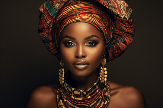 Portrait of African American ethnicity woman in turban with African traditional print Generative AI