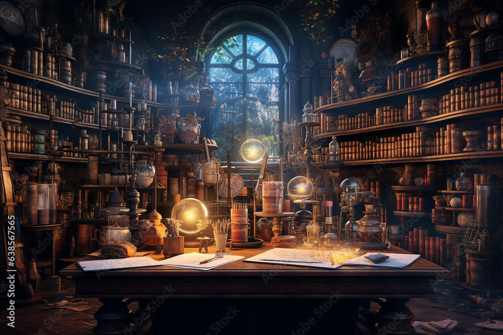 Wall mural generative ai collage image picture of alchemist lab with potion cauldron for making magical dark sp