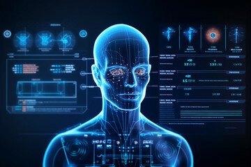 Generative ai collage photo of humanoid scientific study development on virtual computer making person hologram