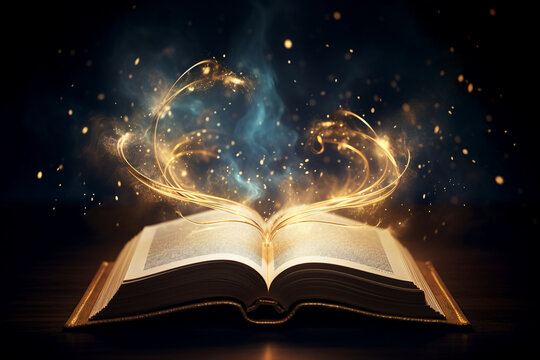 Open magic book with growing lights, magic powder, butterflies