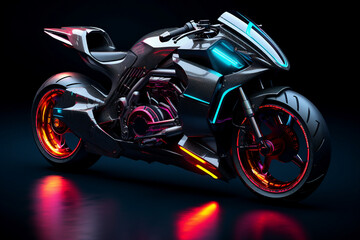 Generative AI futuristic image of motorbike illuminated by glowing neon lights isolated on dark background