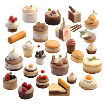collection of different cakes on a white background. 3d rendering.