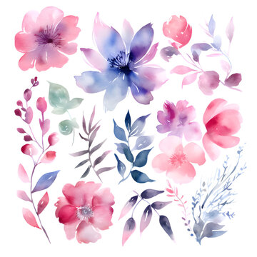 Watercolor flowers set. Hand painted floral illustration isolated on white background.