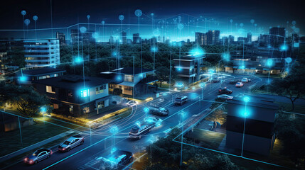digital suburban community, smart homes, night, data transactions
