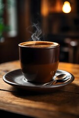 photo of a cup coffee on wooden table cafe background