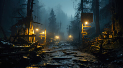 Creepy Woodland Signpost at Dusk