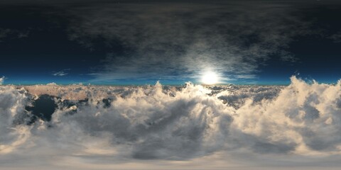 Obraz premium Panorama of clouds, HDRI, environment map , Round panorama, spherical panorama, equidistant projection, panorama 360, flying above the clouds,sky above the clouds, 3D rendering