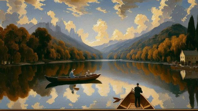 A serene lake with a man in a boat captured in a beautiful painting. Generative ai