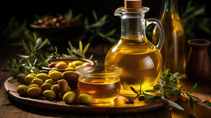 Obraz na płótnie Canvas Mediterranean Gold: Olive Oil Embracing Fresh Olives