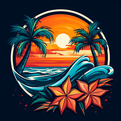Fototapeta na wymiar Tropical beach with palm trees and sea waves. vector illustration