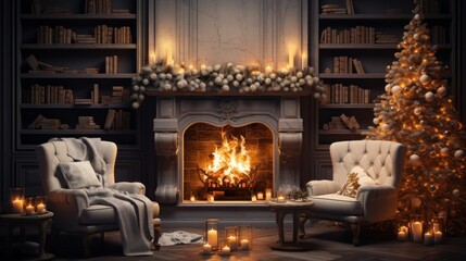 Interior of cozy classic living room with Christmas decoration. Blazing fireplace, garlands and candles, elegant Christmas tree, gift boxes, comfortable armchairs, bookshelves. Christmas fairy tale.