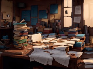 Photo of a cluttered table filled with books and papers