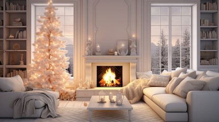 Interior of classic white living room with Christmas decor. Blazing fireplace, candles and baubles, elegant Christmas tree, comfortable sofa and armchair, bookshelves, large windows with forest view.