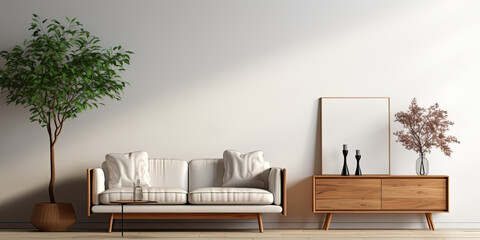 Minimalist modern living room interior, white sofa scandinavian style, against empty white wall. Generative AI