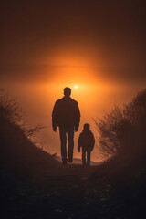 a child and his single father walking down a road at sunset. back view, rear view, full view.