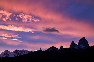 Mount Fitz Roy, El Chalten, Patagonia, Argentina. Travel photo taken during sunset in March 2023. 