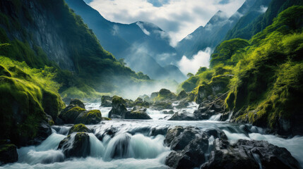 Fototapeta na wymiar Nature's Serenade: Waterfalls and Crystal Streams