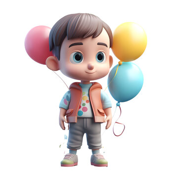 3d render of a cute little boy with balloons on white background