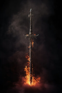 a flaming medieval long sword set against a dark smokey background. fantasy Gothic sword. 