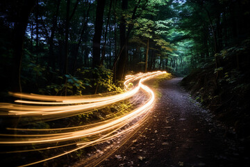 Obraz premium Generative ai collage of energetic moving gold light in dark woods fast winning race concept