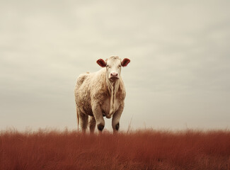 A white and brown cattle is standing in a field, vintage colors. 