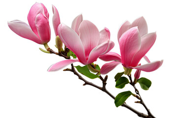 Pink bloom flowers on a branch with leaves isolated on transparent background PNG