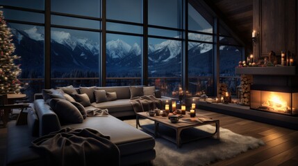 Interior of cozy living room in modern minimalist cottage with Christmas decoration. Blazing hearth, burning candles, elegant Christmas tree, comfortable sofa, panoramic window with mountains view.