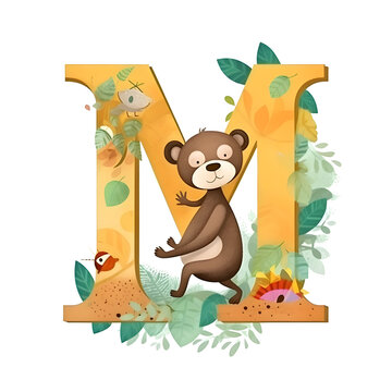 Font design for capital letter M with cute animal in the forest illustration