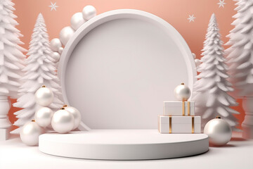 Generative AI.podium in form of circle on pink background with Christmas tree and gifts.mock up for exhibition, presentation of goods, product display