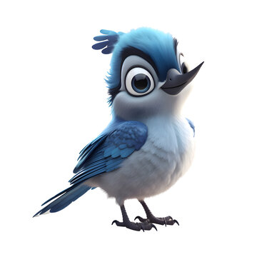 Blue bird isolated on white background. 3D illustration. Cartoon style.