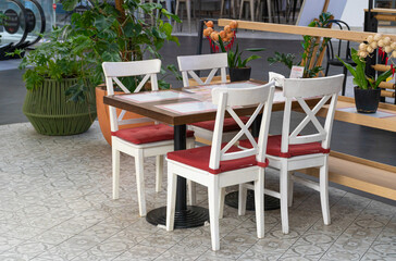 Fototapeta na wymiar Restaurant Table, Empty Cafe Tables, Bar Terrace, Outdoor Restaurants, Outside Trattoria