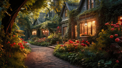 Romantic and ethereal garden path leading to a large house, enhanced by contrasting lights and darks, and a colorful sidewalk