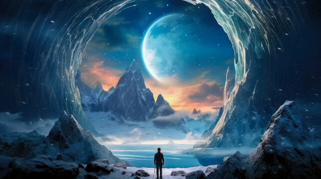 Science fiction illustration of a human on an alien planet, gazing into an alternate reality via a gateway.