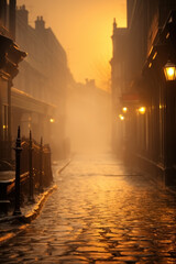 Jacobean Era town street. foggy night lit by street lights.