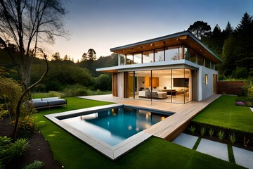 Fototapeta premium Luxury swimming pool with Modern house in the Park.