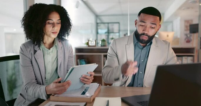 Business people, tablet and laptop for collaboration, marketing research and multimedia results or data training. African woman and man for teamwork or support on digital tech and computer in office