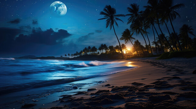 Midnight Oasis: Moonlit Beach Dreams - Powered by Adobe