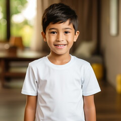 a boy in a casual style on yellow background.